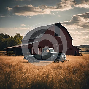 AI generated illustration of A vintage pick-up truck parked in front of a rustic barn