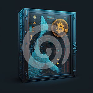 AI generated illustration of a virtual box with Bitcoin symbols and financial graphs