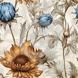 AI generated illustration of a wallpapering featuring a pattern of blue and brown flowers