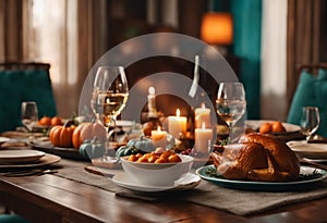 AI generated illustration of a warm wooden dining table with seasonal pumpkins and a roasted turkey