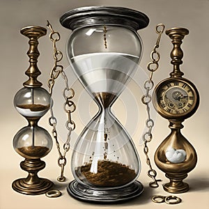 AI generated illustration of a watch flanking an hourglass filled with sand