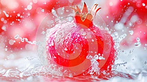 water splashing on red pomegranate fruit with flower petals