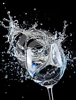 Water splashing into a stemmed waterglass