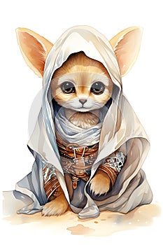 AI generated illustration of a watercolor illustration of a felidae wearing a cape and hood