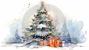 AI generated illustration of a watercolor painting of a Christmas tree decorated with presents