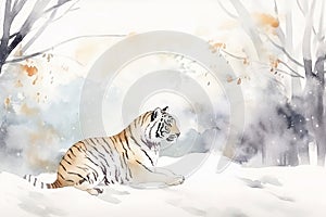 AI generated illustration of a watercolor painting of a majestic white tiger in a wintery forest