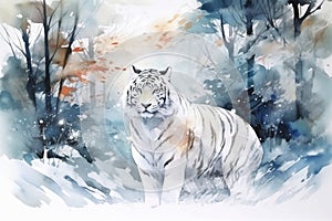 AI generated illustration of a watercolor painting of a majestic white tiger in a wintery forest