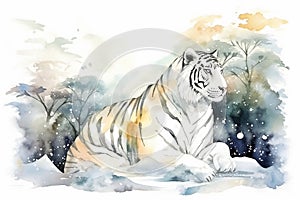 AI generated illustration of a watercolor painting of a majestic white tiger in a wintery forest