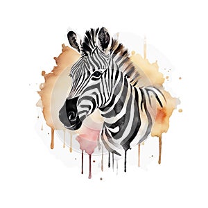 AI generated illustration of a watercolor portrait of a zebra on a white background