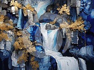AI generated illustration of a waterfall in blue translucid alcohol ink patterns