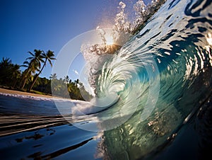 AI generated illustration of a wave crashing against the sandy beach with a clear blue sky