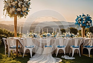 AI generated illustration of a wedding ceremony table against a picturesque mountainous landscape