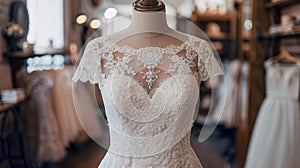 AI generated illustration of a wedding dress on a mannequin for bridal display