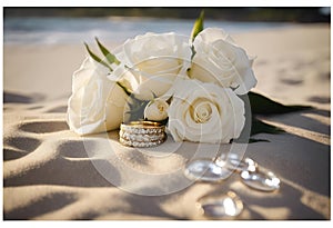 AI generated illustration of wedding rings lying on a sandy beach near a bouquet of white roses