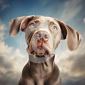 ai generated illustration of weimaraner dog closeup portrait on cloudy sky