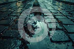 wet cobblestones reflecting light in a puddle at night