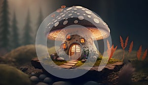 AI generated illustration of whimsical, realistic, fairy mushroom house