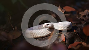 AI generated illustration of a white albino snake on a rock