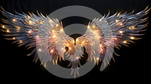 AI generated illustration of white angel wings with pink and white feathers on a black background