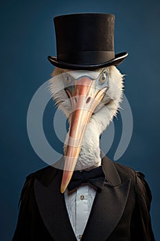 AI generated illustration of A white avian species wearing a black top hat