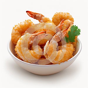 AI generated illustration of a white bowl filled with freshly cooked shrimps, ready to be served