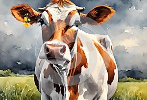 AI generated illustration of a white and brown cow in a field in watercolor