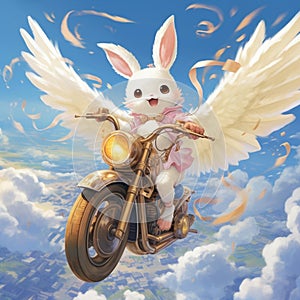 AI generated illustration of a white bunny riding a motorcycle in the sky