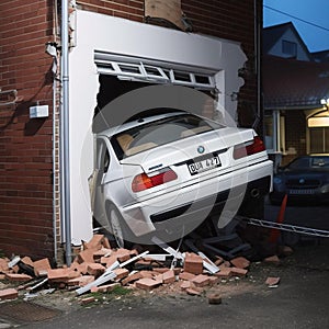 AI generated illustration of a white car lodged in the open doorway of a red brick building