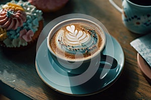 AI generated illustration of a white ceramic cup of freshly brewed coffee on a wooden table