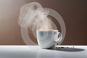 AI generated illustration of A white ceramic cup of steaming hot coffee sits atop a wooden table