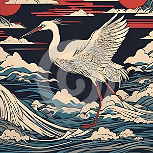 AI generated illustration of a white crane wading in ocean at sunset, waves in foreground