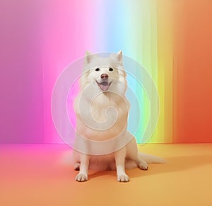 AI generated illustration of a white dog with tongue out sits by a rainbow wall