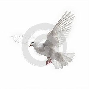 AI generated illustration of a white dove in mid-flight against a white backdrop