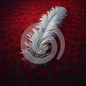 AI generated illustration of a white feather on background of red roses