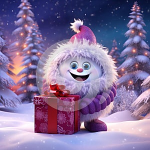 AI generated illustration of a white-furred animal in a snowy landscape, holding a large present