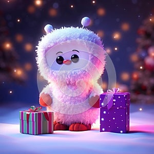 AI generated illustration of a white-furred animal in a snowy landscape, holding a large present
