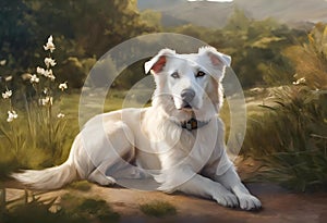 AI generated illustration of a white-furred canine companion resting leisurely in lush grass