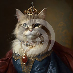 AI generated illustration of a white-furred cat wearing a luxurious crown and expensive attire