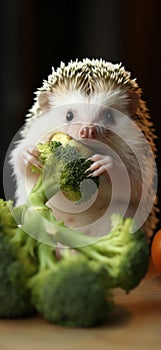 AI-generated illustration of A white hedgehog happily munching on a crunchy piece of broccoli