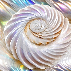 AI generated illustration of a white iridescent shell with a spiral pattern