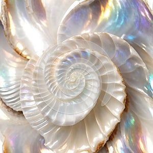 AI generated illustration of a white iridescent shell with a spiral pattern