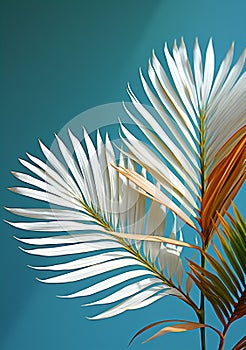 AI generated illustration of a white palm leaf against a vivid blue blurred background
