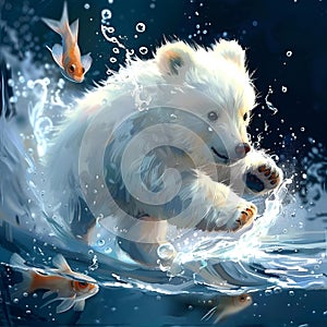 AI generated illustration of a white polar bear and a fish swimming side by side in water