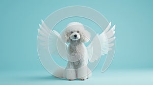 AI-generated illustration of a white poodle with angel wings on a blue backdrop