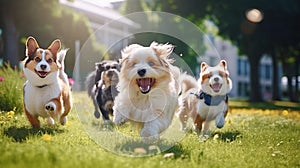 AI generated illustration of white puppies playing and running in the lush green grass of a backyard