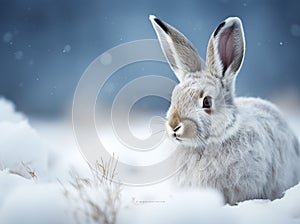 AI generated illustration of A white rabbit perched atop a bed of snow