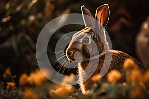 AI generated illustration of a white rabbit restin g in a garden with beautiful flowers