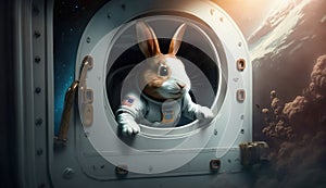 AI generated illustration of A white rabbit wearing an astronaut suit