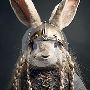 AI generated illustration of A white rabbit wearing a traditional Viking helmet