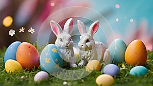 AI generated illustration of white rabbits surrounded by Easter eggs on green grass